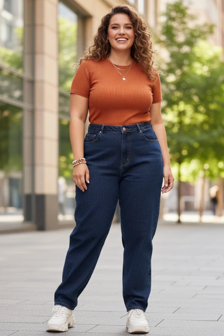 high-waisted dark-wash baggy jeans