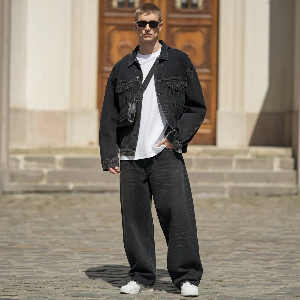 Oversized Tee with a Layered Jacket and Baggy Jeans